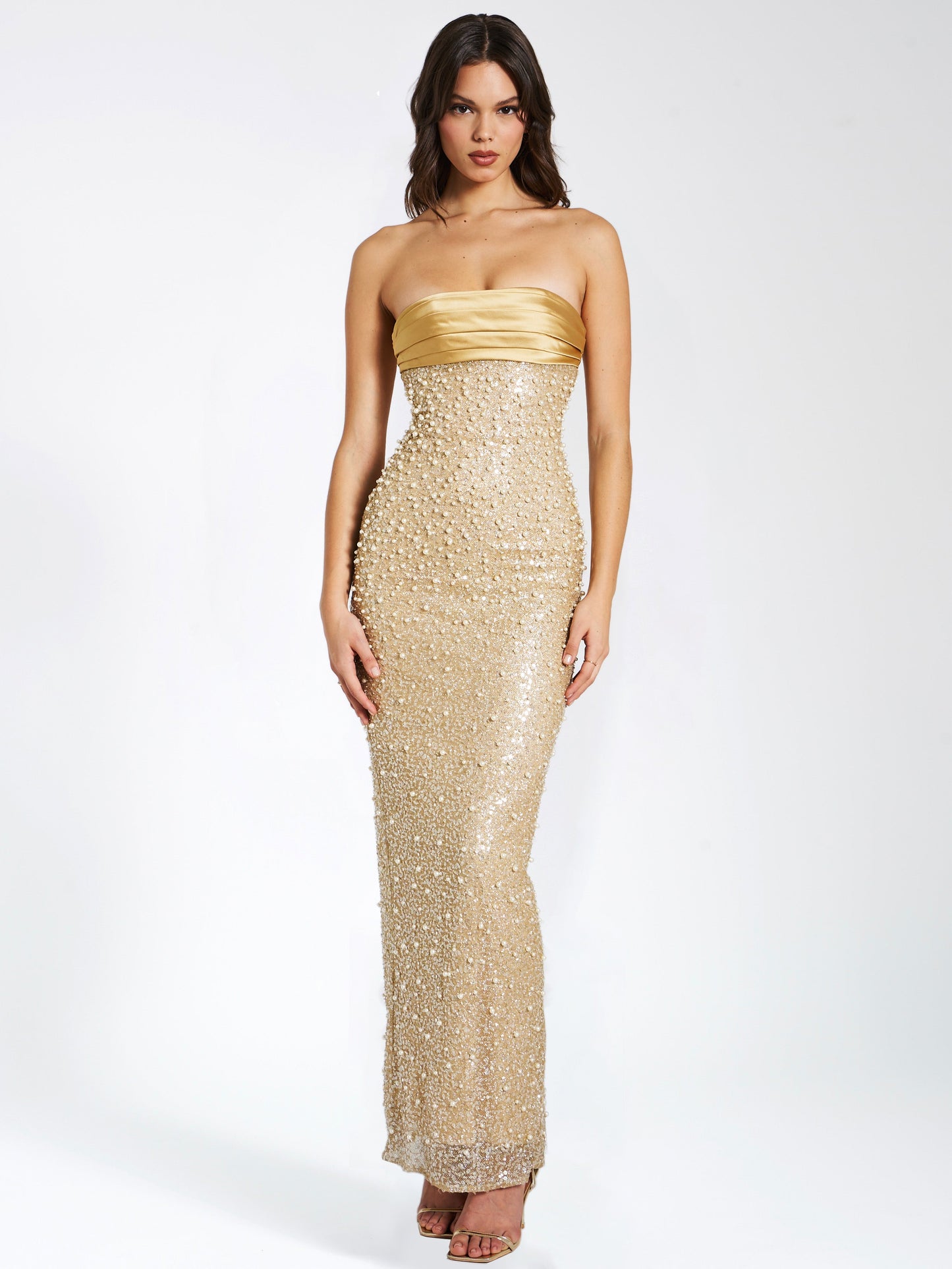 Miss Circle Lainey Gold Satin Sequin Pearls Beaded Maxi Dress - Free Shipping