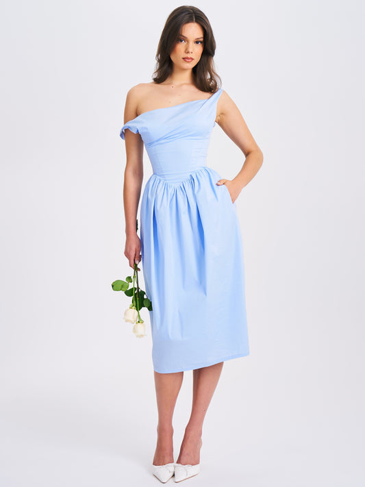 Stylish Reina Blue Drop Waist Corset Midi Dress - Free Shipping