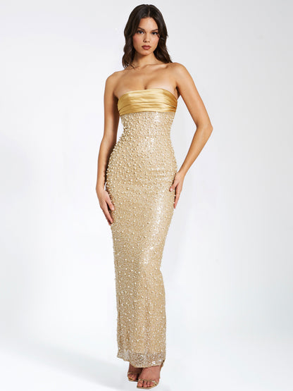 Miss Circle Lainey Gold Satin Sequin Pearls Beaded Maxi Dress - Free Shipping