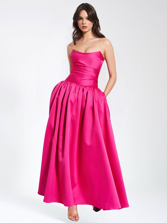 Miss Circle Walterina Fuchsia Satin Strapless Drop Waist Corset Gown - Free Shipping