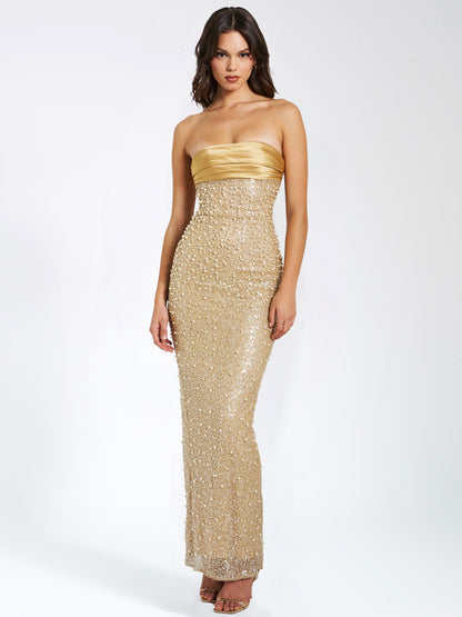 Miss Circle Lainey Gold Satin Sequin Pearls Beaded Maxi Dress - Free Shipping