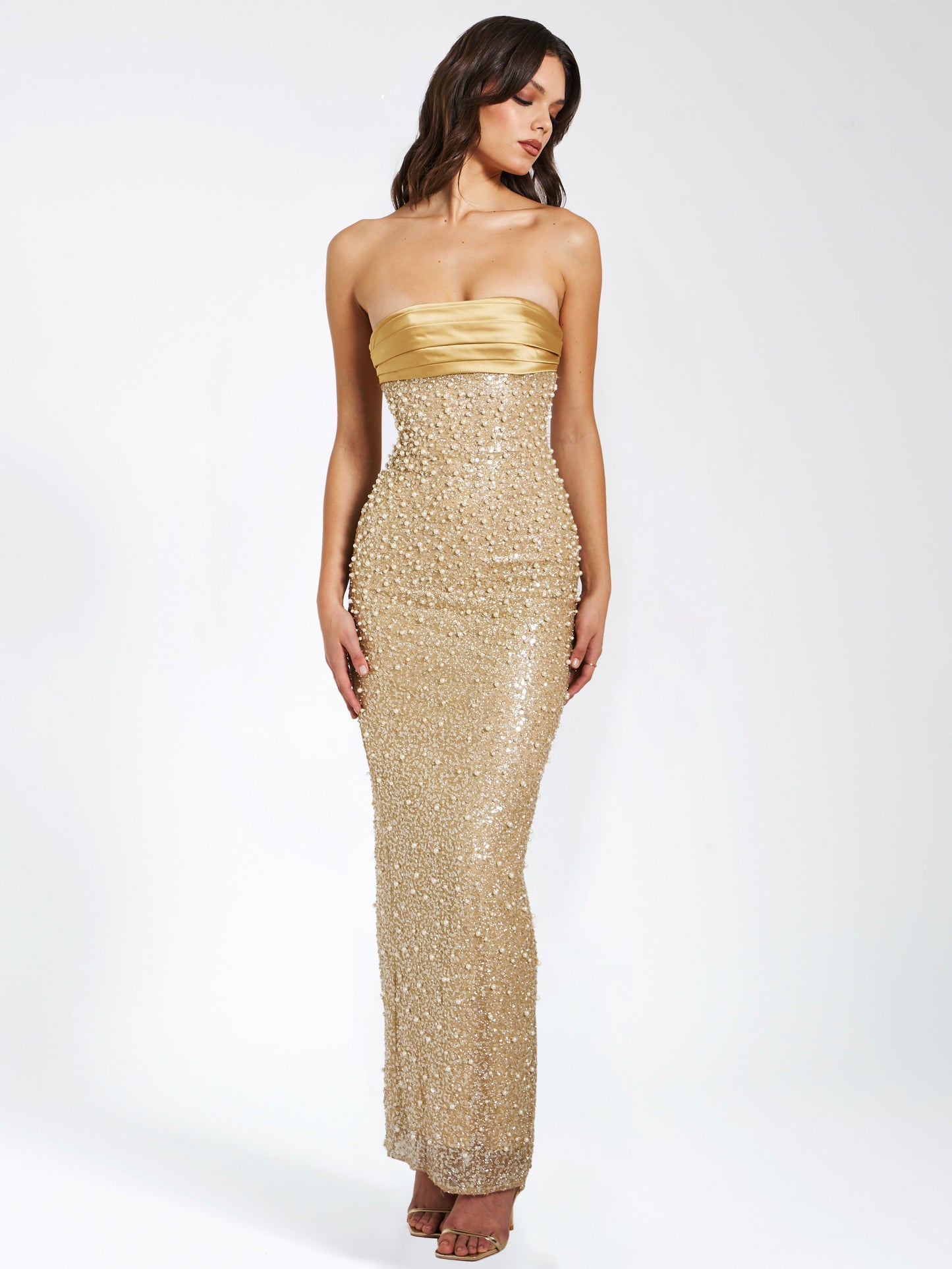 Miss Circle Lainey Gold Satin Sequin Pearls Beaded Maxi Dress - Free Shipping