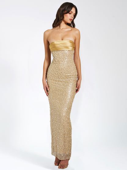 Miss Circle Lainey Gold Satin Sequin Pearls Beaded Maxi Dress - Free Shipping