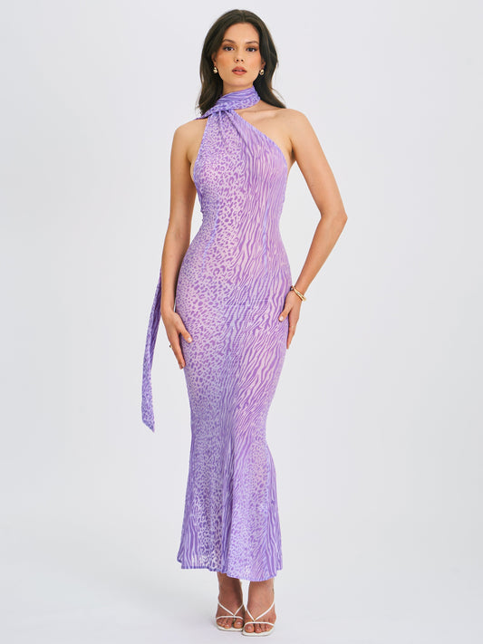 Glamorous Olena Purple Burnout Velvet Animal Print Mesh Halter Neck Maxi Dress - Free Shipping
