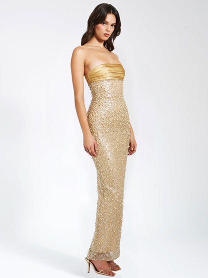 Miss Circle Lainey Gold Satin Sequin Pearls Beaded Maxi Dress - Free Shipping