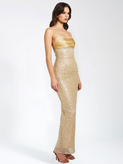 Miss Circle Lainey Gold Satin Sequin Pearls Beaded Maxi Dress - Free Shipping