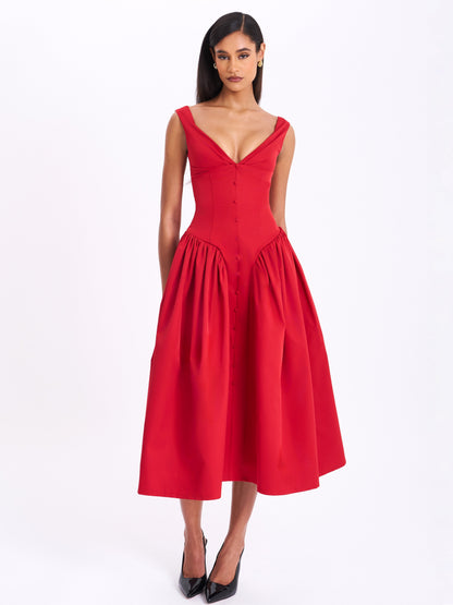 Miss Circle Nahla Red Drop Waist Midi Dress with Buttons - Free Shipping