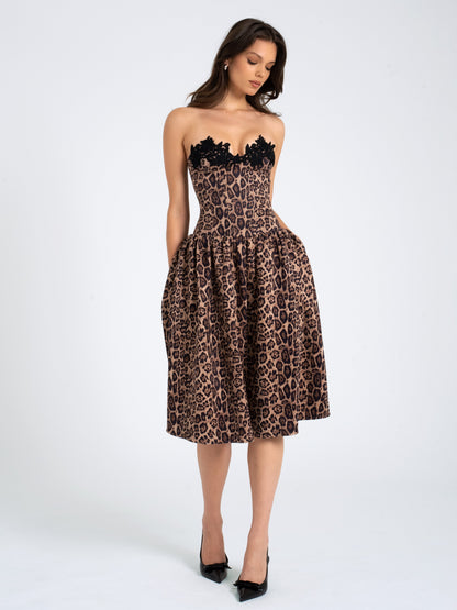 Miss Circle Uchenna Cheetah Print Stretchy Strapless Midi Dress with Lace Trim - Free Shipping