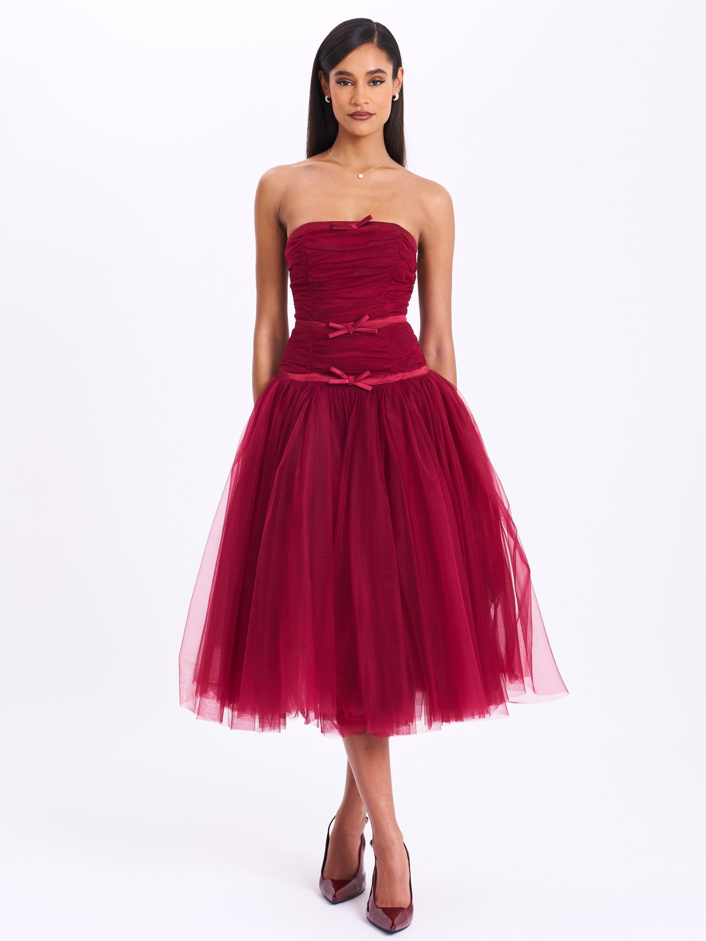 Miss Circle Mabel Burgundy Drop Waist Layered Mesh Midi Puffy Dress with Bow - Free Shipping