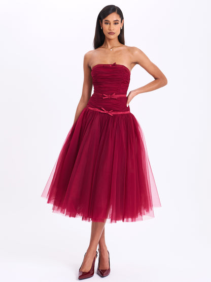 Miss Circle Mabel Burgundy Drop Waist Layered Mesh Midi Puffy Dress with Bow - Free Shipping