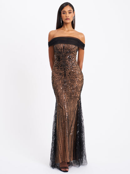Miss Circle Qeturah Embroidered Sequin Off Shoulder Mesh Gown - Free Shipping