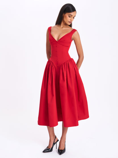 Miss Circle Nahla Red Drop Waist Midi Dress with Buttons - Free Shipping