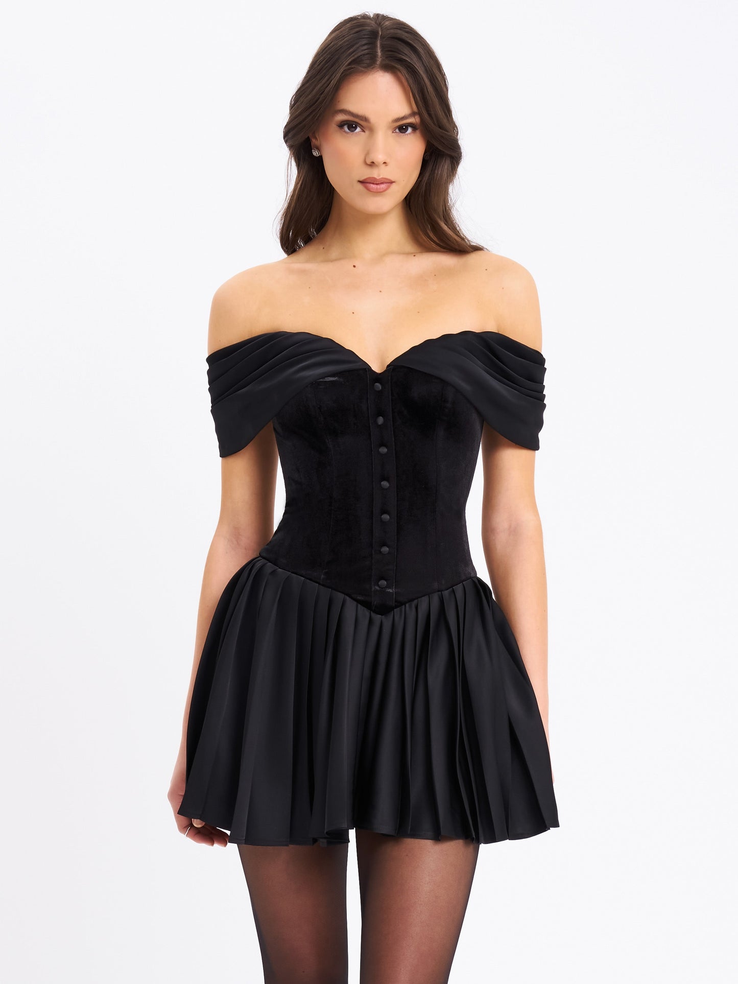 Miss Circle Echo Black Velvet Off-shoulder Pleated Mini Dress - Free Shipping