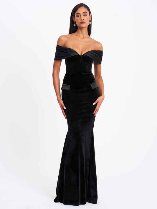 Miss Circle Qamra Black Velvet Off Shoulder Mermaid Maxi Dress - Free Shipping
