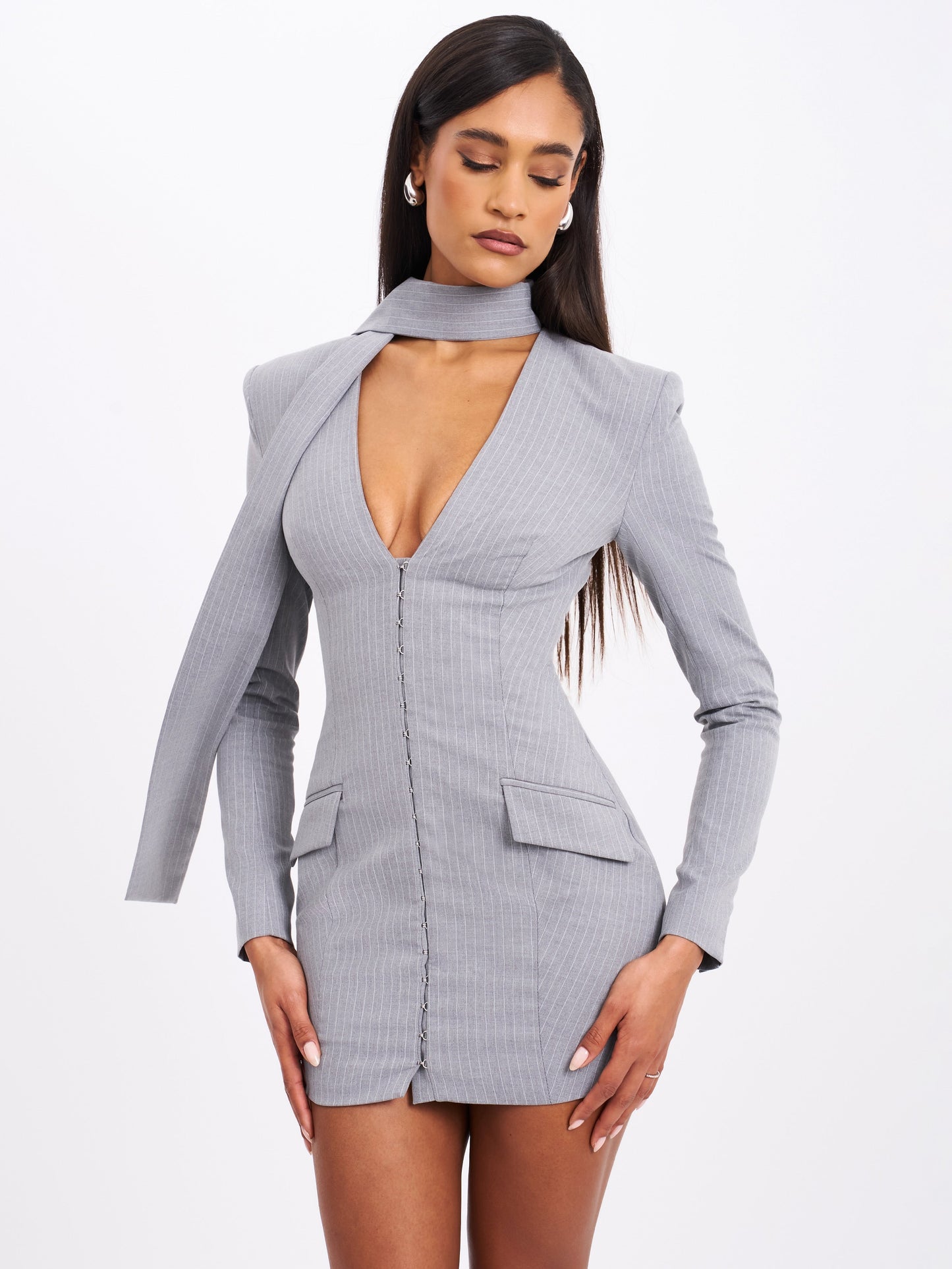 Miss Circle Tahlia Deep V Pinstripes Gray Blazer Dress with Scarf Collar - Free Shipping