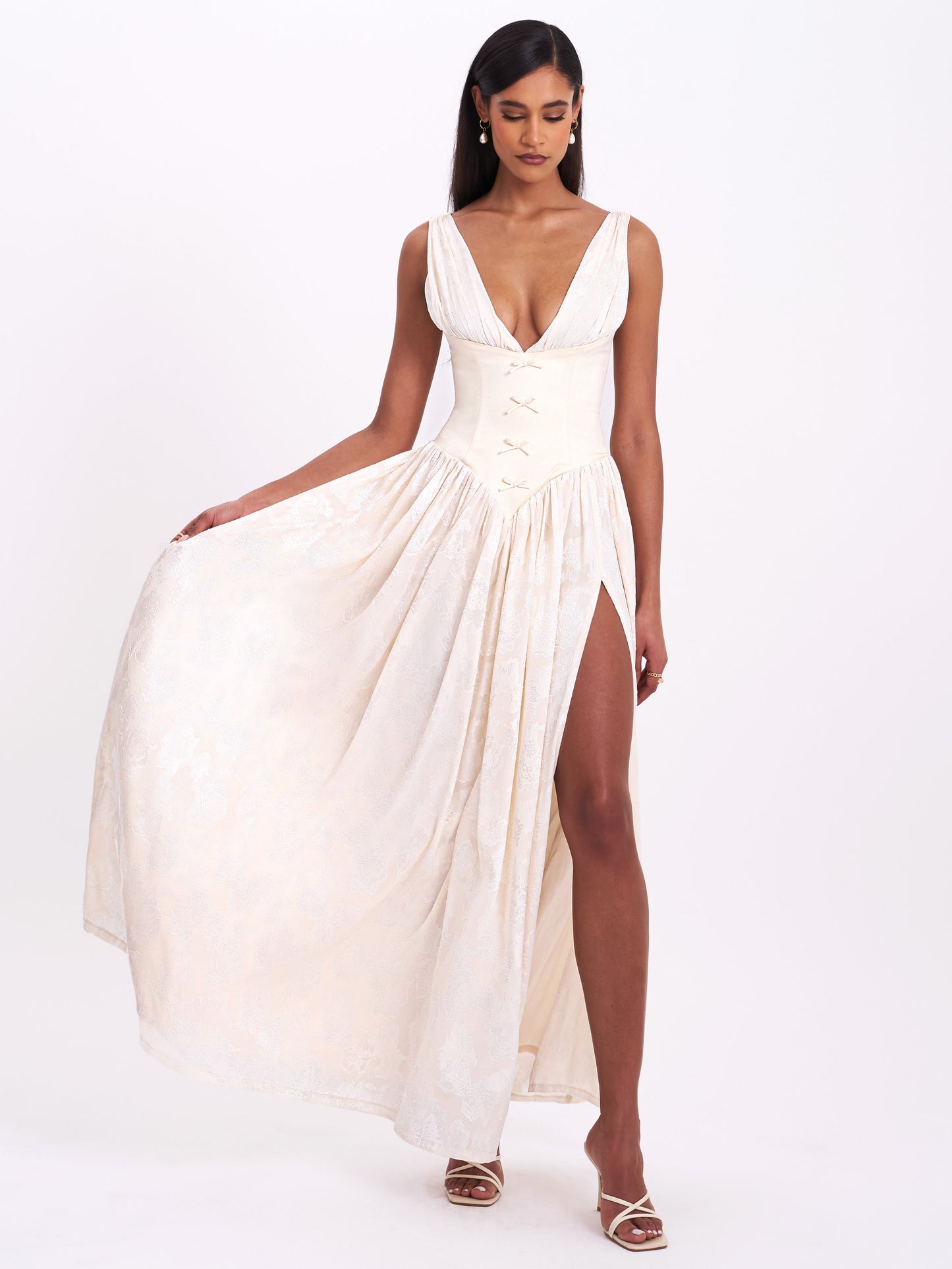 Miss Circle Sabrina Butter Yellow High Slit Jacquard Maxi Dress - Free Shipping