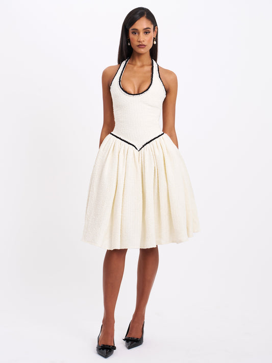 Miss Circle Natalie U Neck Halter Drop Waist Tweed Midi Dress - Free Shipping