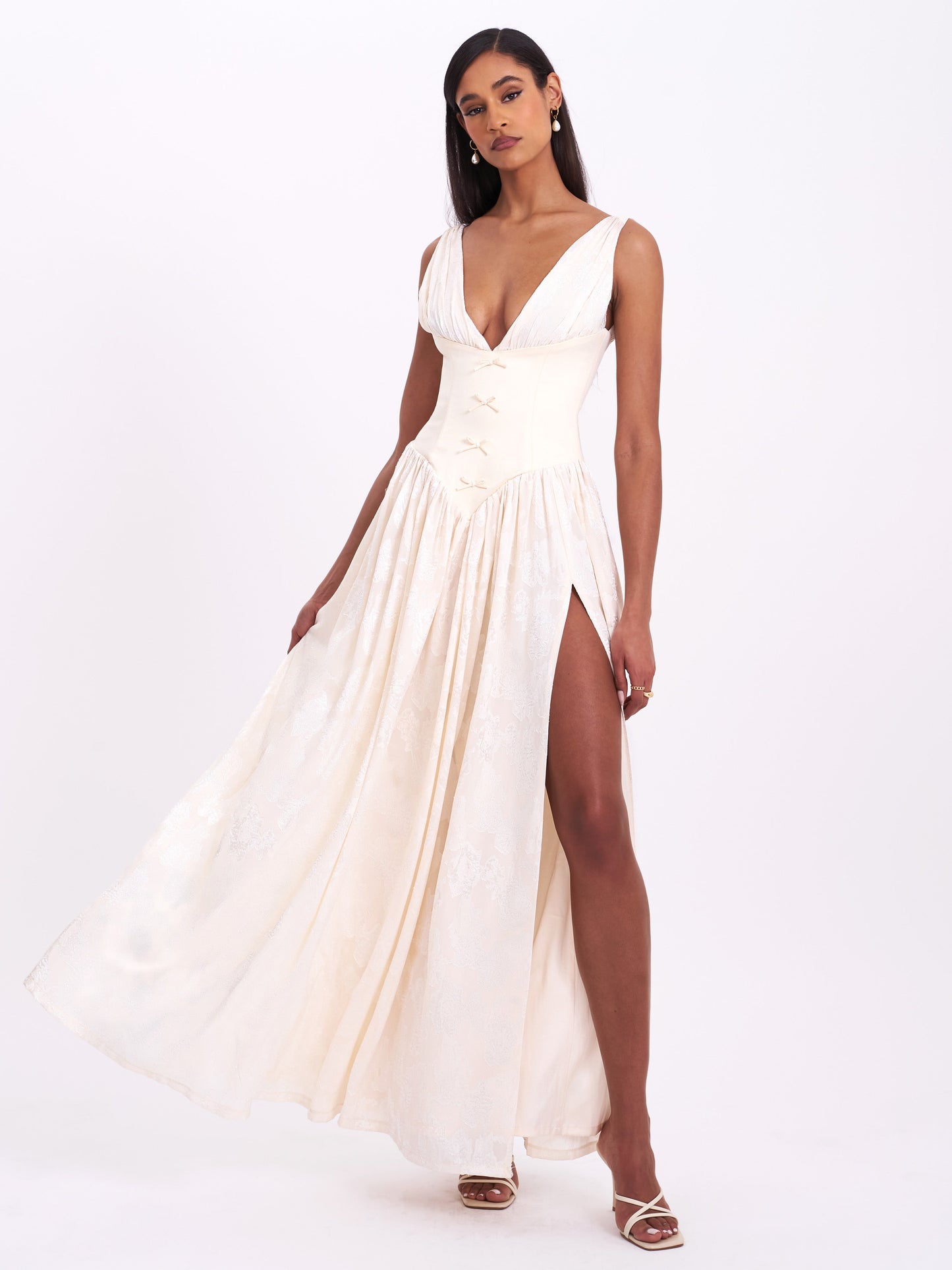 Miss Circle Sabrina Butter Yellow High Slit Jacquard Maxi Dress - Free Shipping