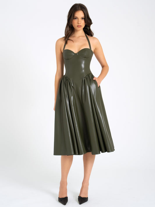 Miss Circle Eliana Olive Vegan Leather Dress - Free Shipping