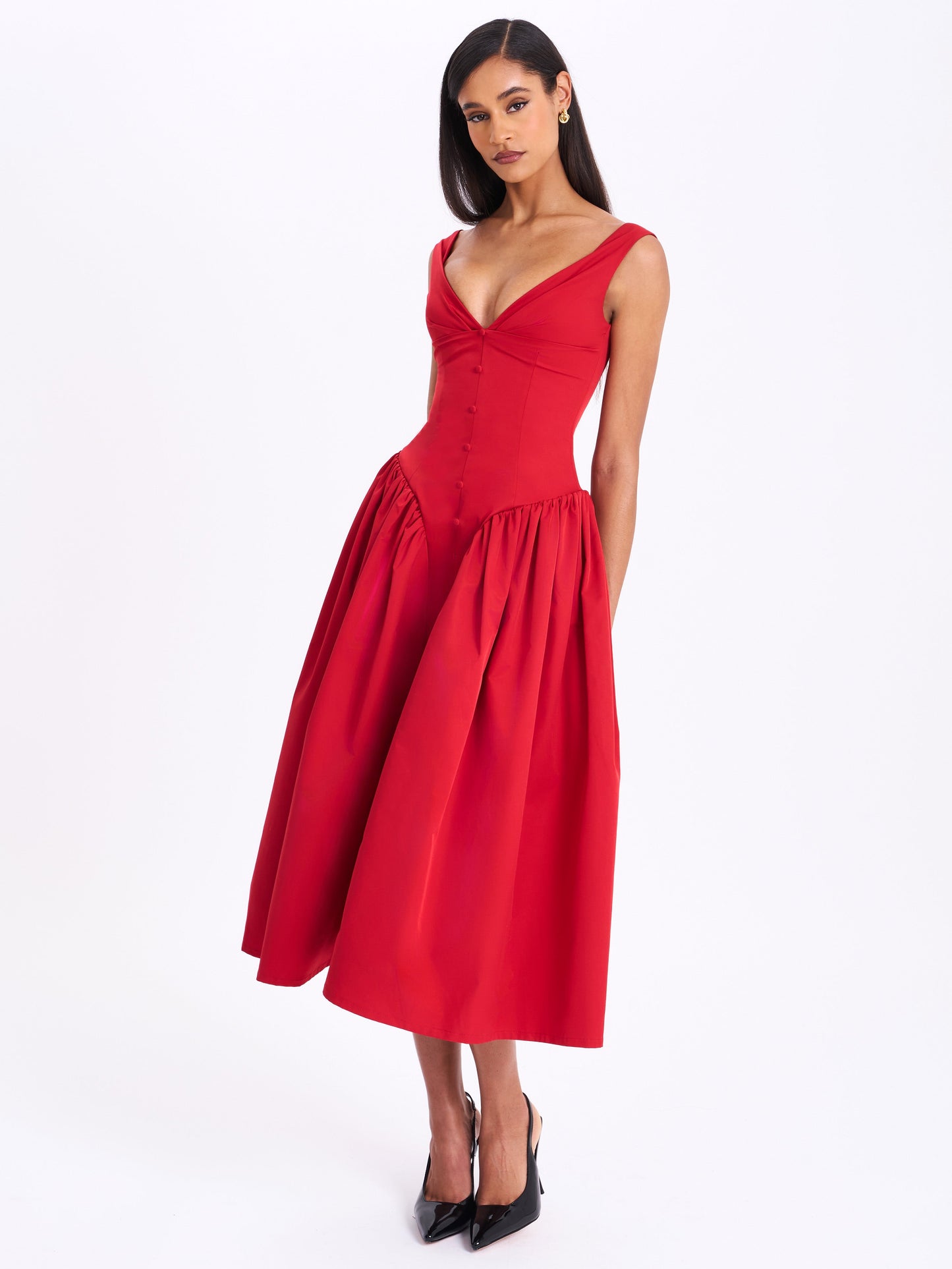 Miss Circle Nahla Red Drop Waist Midi Dress with Buttons - Free Shipping