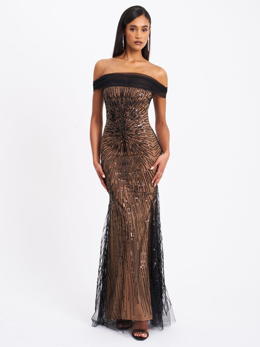 Miss Circle Qeturah Embroidered Sequin Off Shoulder Mesh Gown - Free Shipping