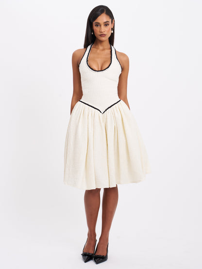 Miss Circle Natalie U Neck Halter Drop Waist Tweed Midi Dress - Free Shipping