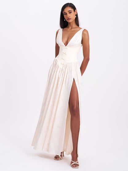 Miss Circle Sabrina Butter Yellow High Slit Jacquard Maxi Dress - Free Shipping