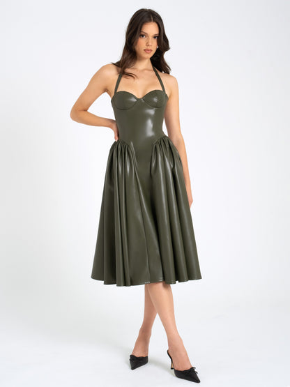 Miss Circle Eliana Olive Vegan Leather Dress - Free Shipping