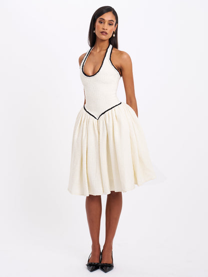 Miss Circle Natalie U Neck Halter Drop Waist Tweed Midi Dress - Free Shipping