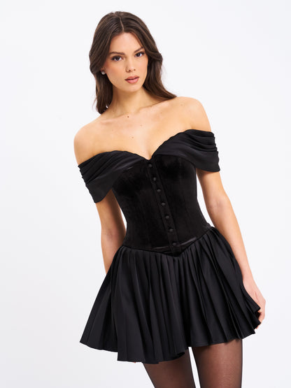 Miss Circle Echo Black Velvet Off-shoulder Pleated Mini Dress - Free Shipping