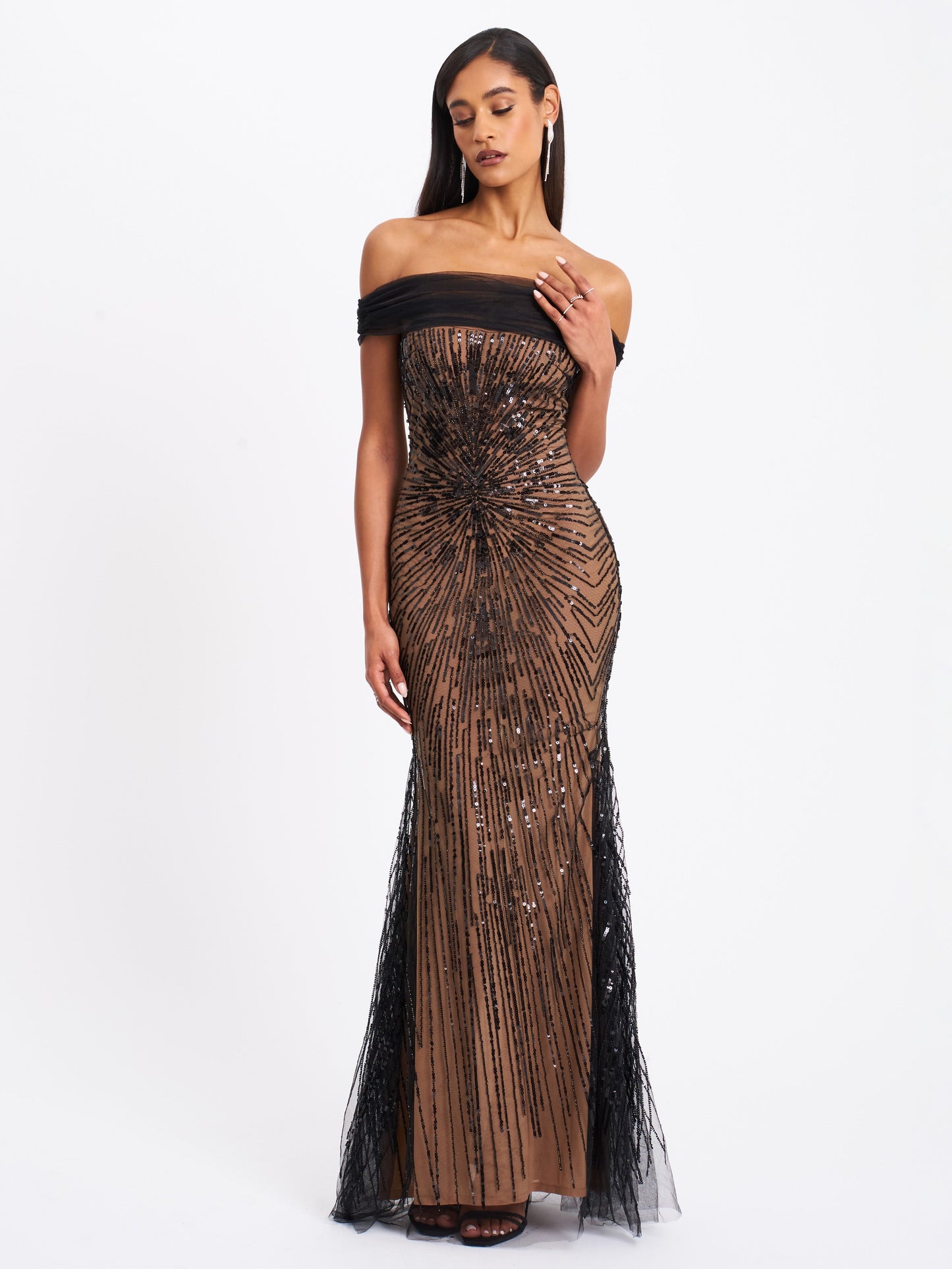 Miss Circle Qeturah Embroidered Sequin Off Shoulder Mesh Gown - Free Shipping