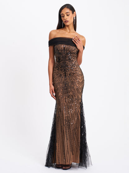 Miss Circle Qeturah Embroidered Sequin Off Shoulder Mesh Gown - Free Shipping