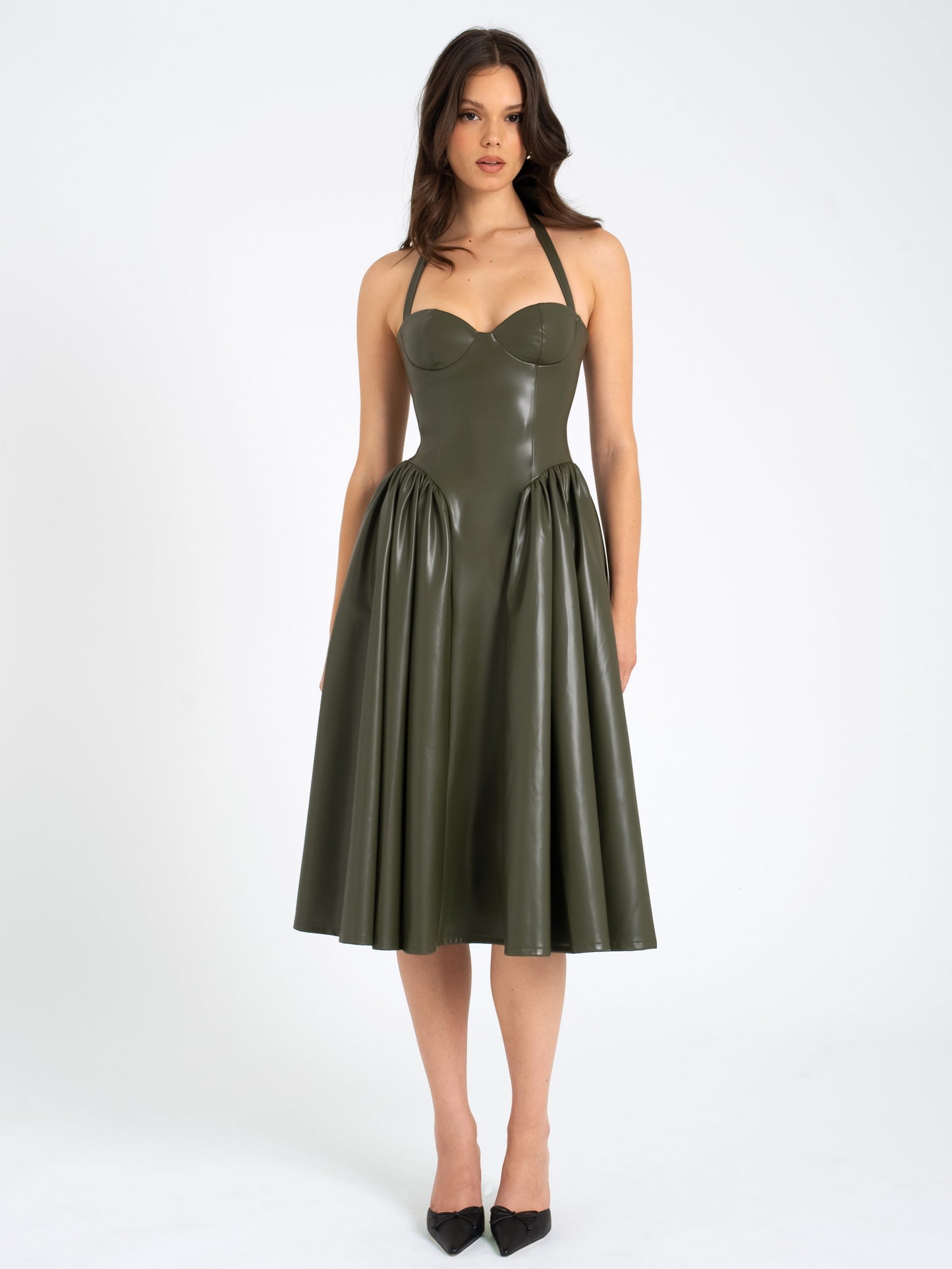 Miss Circle Eliana Olive Vegan Leather Dress - Free Shipping