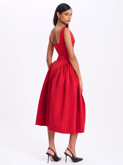 Miss Circle Nahla Red Drop Waist Midi Dress with Buttons - Free Shipping