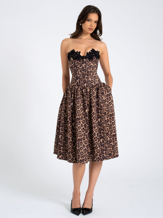 Miss Circle Uchenna Cheetah Print Stretchy Strapless Midi Dress with Lace Trim - Free Shipping