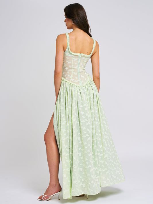 Miss Circle Ulissa Light Green Square Neck Jacquard Textured High Slit Maxi Dress - Free Shipping