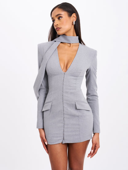 Miss Circle Tahlia Deep V Pinstripes Gray Blazer Dress with Scarf Collar - Free Shipping