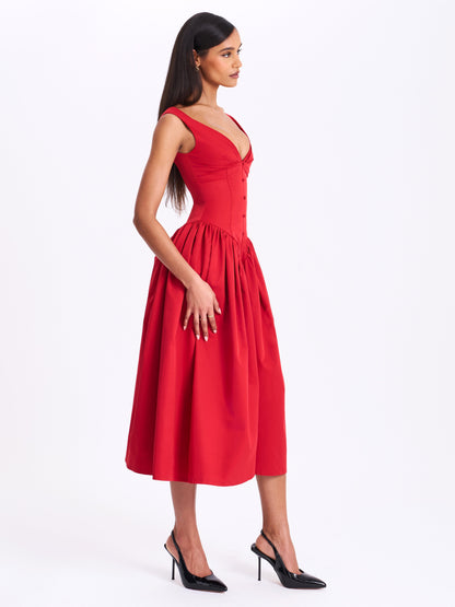Miss Circle Nahla Red Drop Waist Midi Dress with Buttons - Free Shipping