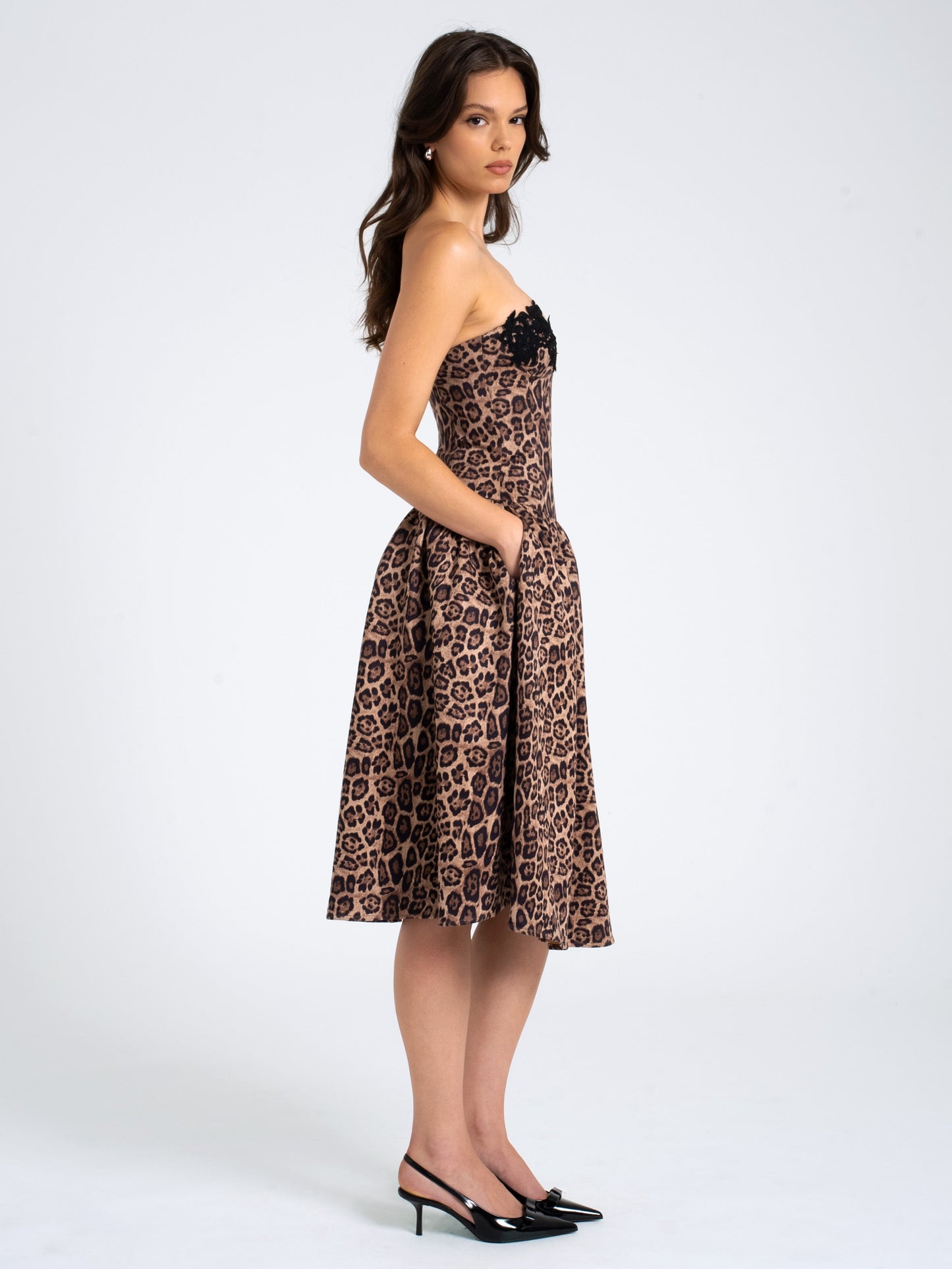 Miss Circle Uchenna Cheetah Print Stretchy Strapless Midi Dress with Lace Trim - Free Shipping