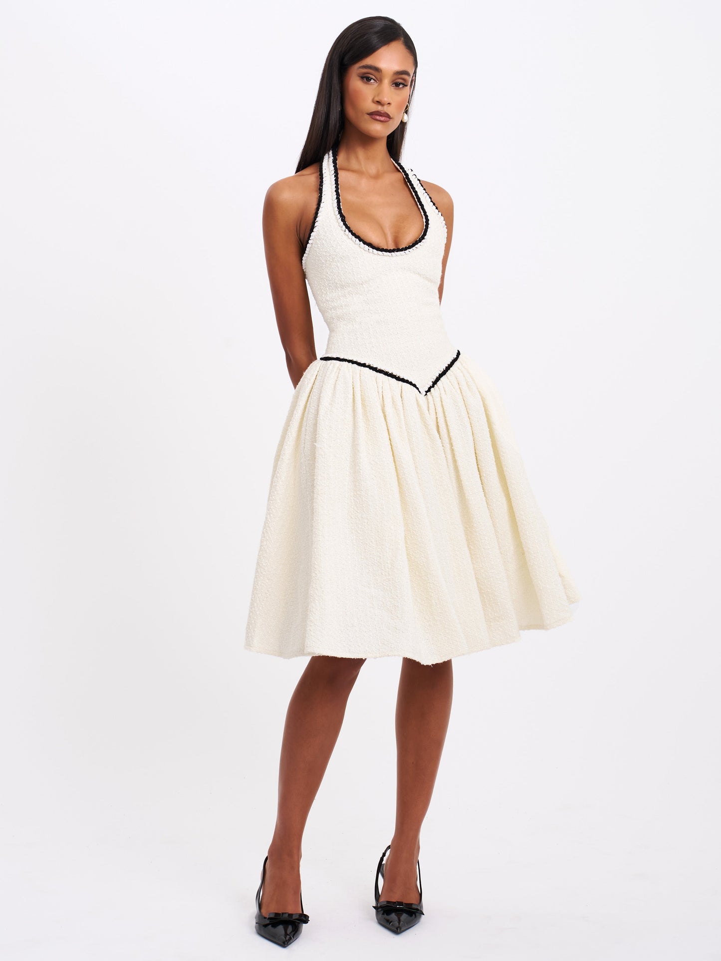 Miss Circle Natalie U Neck Halter Drop Waist Tweed Midi Dress - Free Shipping