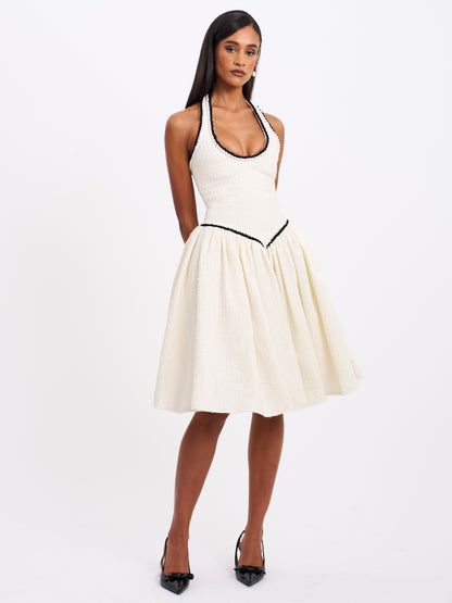 Miss Circle Natalie U Neck Halter Drop Waist Tweed Midi Dress - Free Shipping