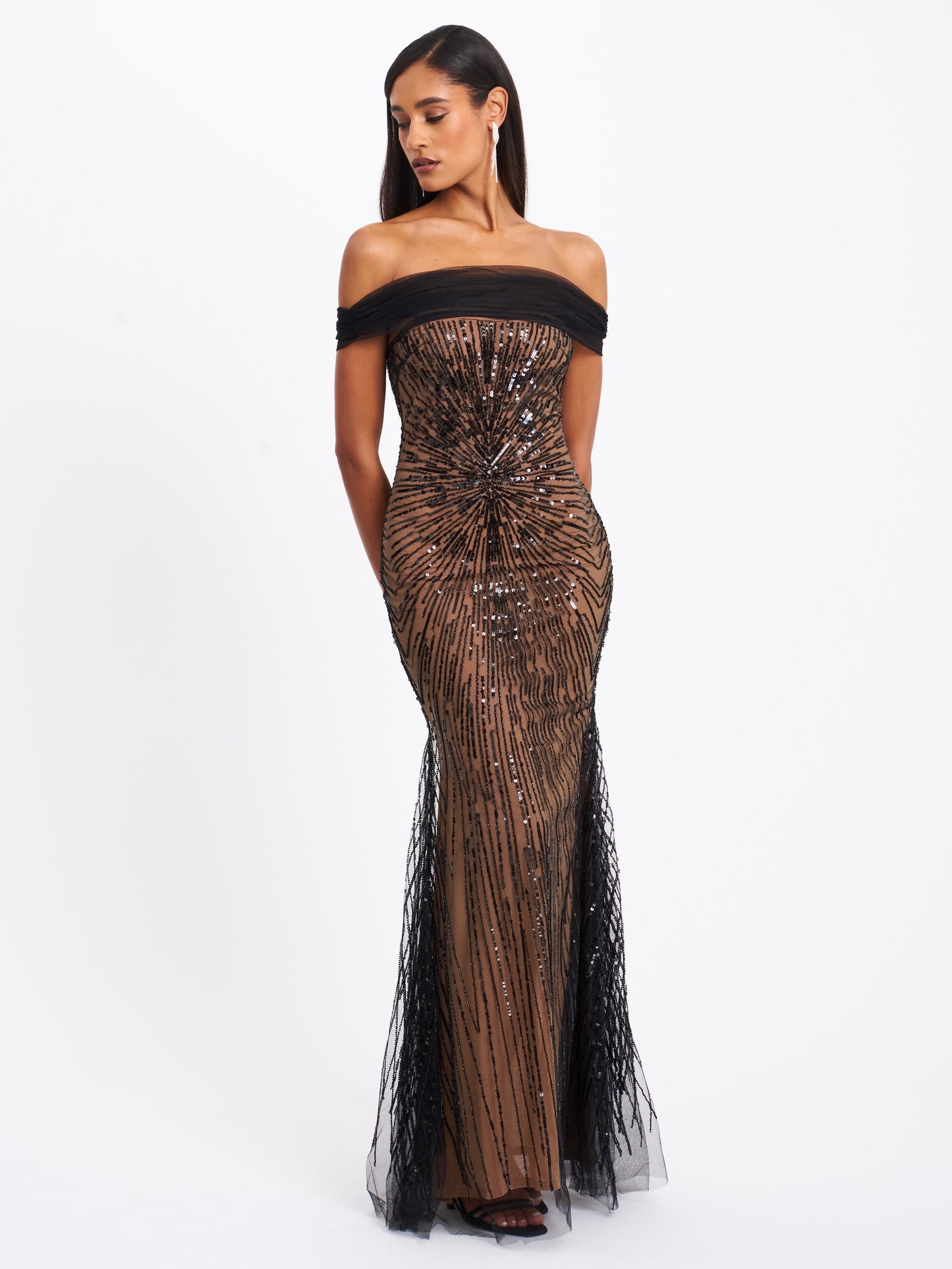 Miss Circle Qeturah Embroidered Sequin Off Shoulder Mesh Gown - Free Shipping