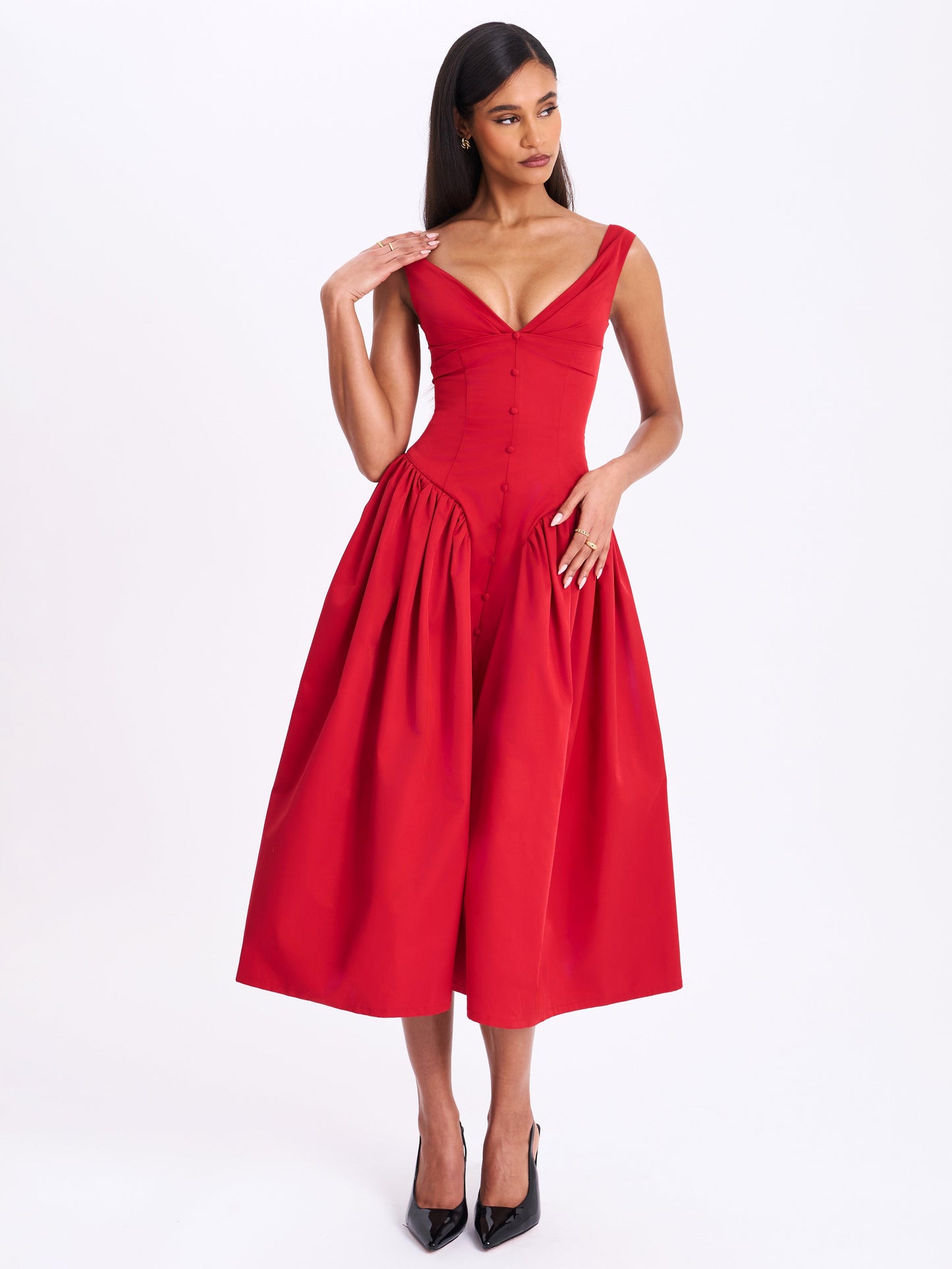 Miss Circle Nahla Red Drop Waist Midi Dress with Buttons - Free Shipping