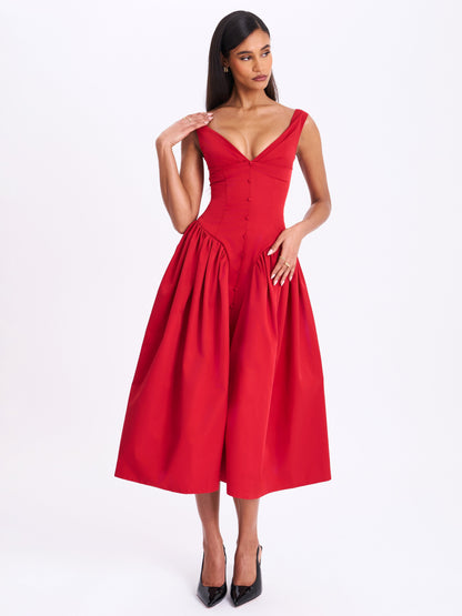 Miss Circle Nahla Red Drop Waist Midi Dress with Buttons - Free Shipping