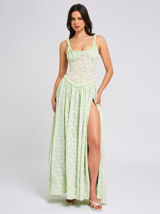 Miss Circle Ulissa Light Green Square Neck Jacquard Textured High Slit Maxi Dress - Free Shipping