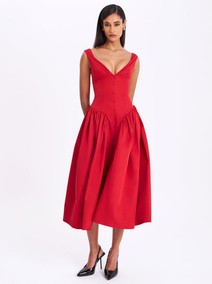 Miss Circle Nahla Red Drop Waist Midi Dress with Buttons - Free Shipping
