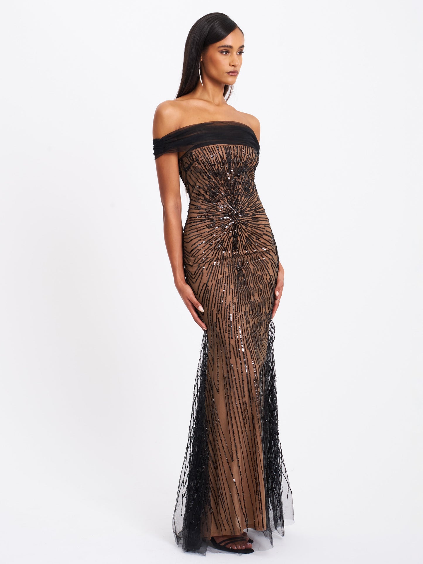Miss Circle Qeturah Embroidered Sequin Off Shoulder Mesh Gown - Free Shipping