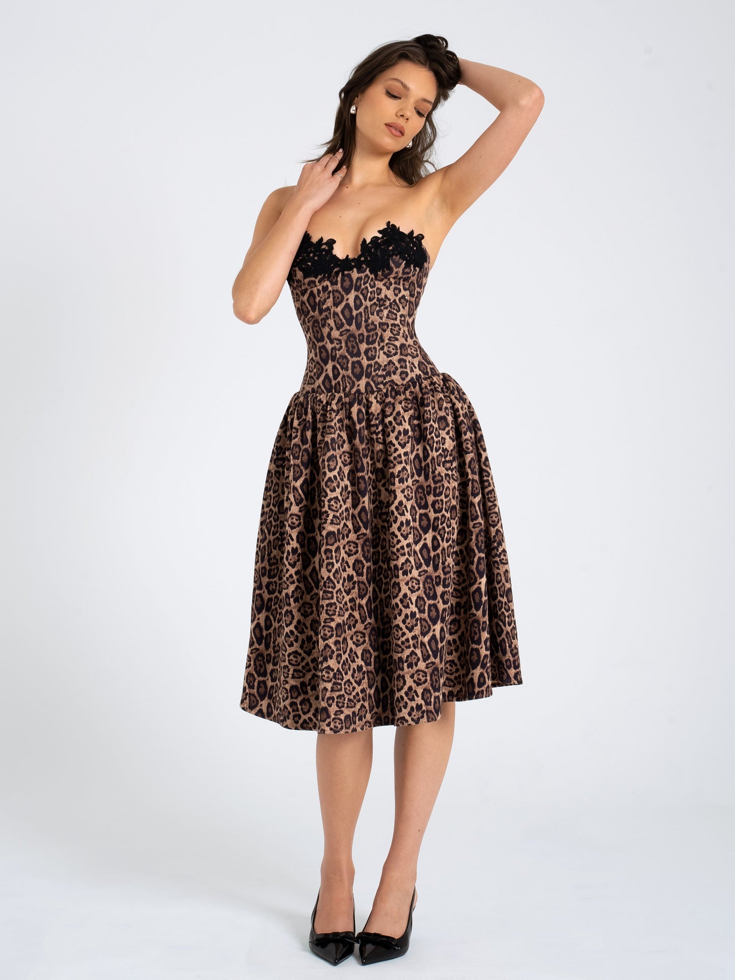 Miss Circle Uchenna Cheetah Print Stretchy Strapless Midi Dress with Lace Trim - Free Shipping