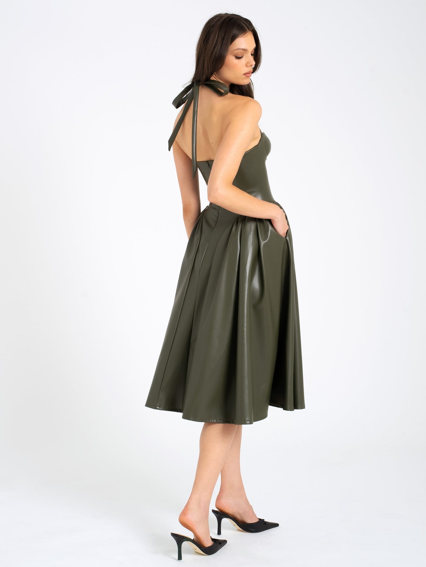 Miss Circle Eliana Olive Vegan Leather Dress - Free Shipping
