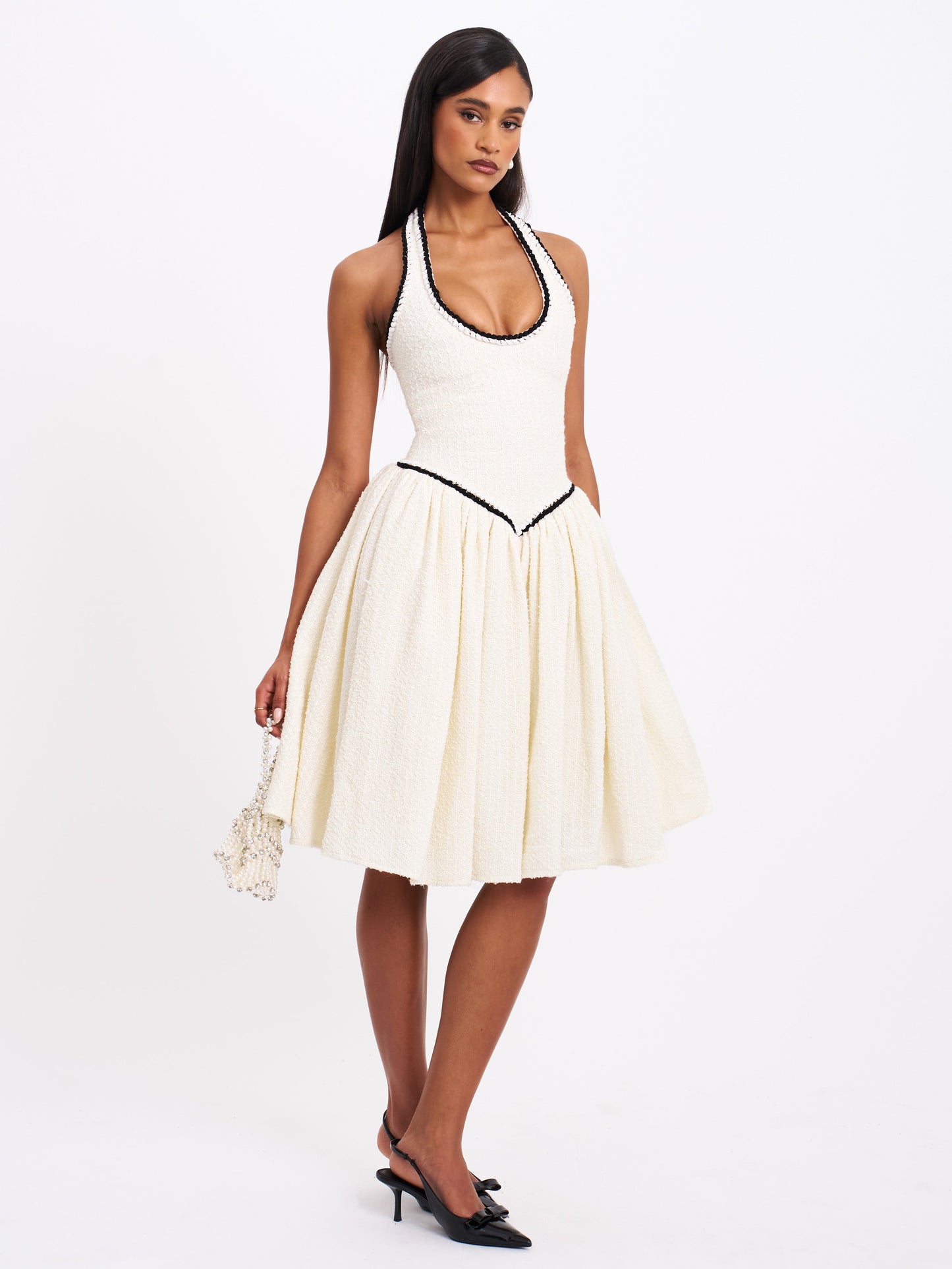 Miss Circle Natalie U Neck Halter Drop Waist Tweed Midi Dress - Free Shipping